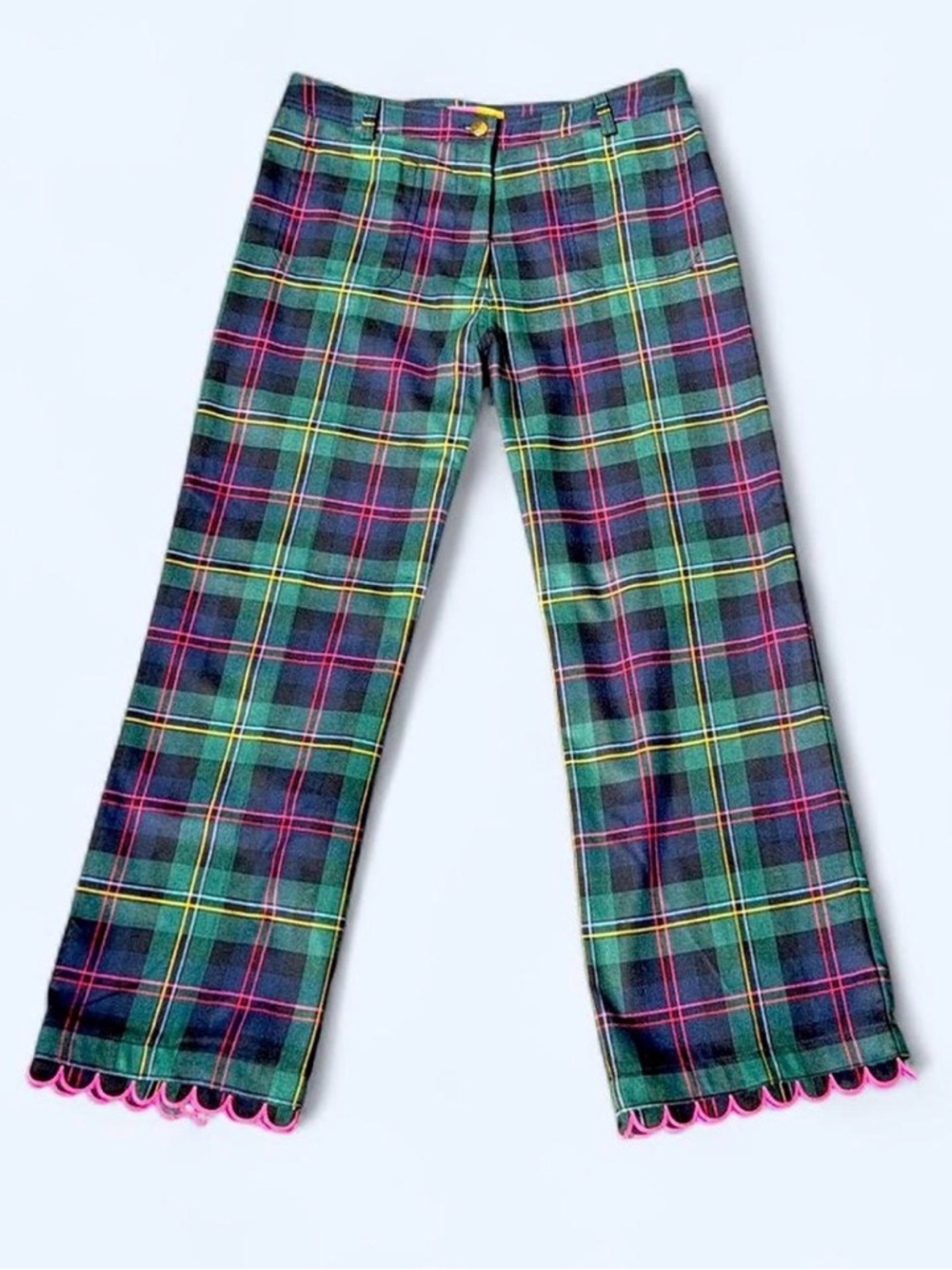 Vilagallo Green Plaid Trouser Pants with Pink Scalloped Trim